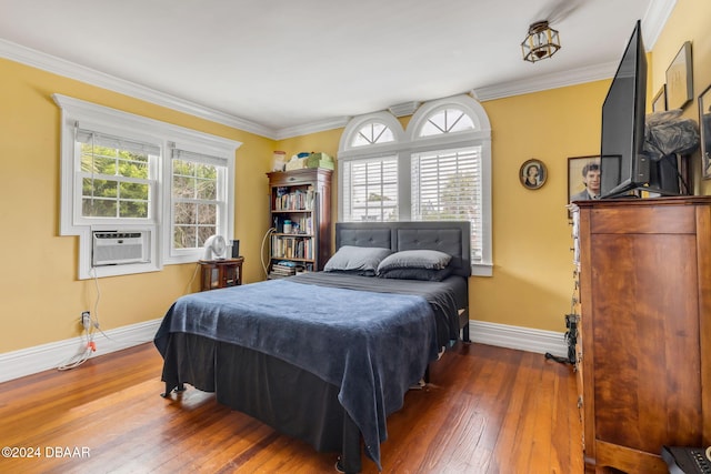 bedroom with dark wood-type flooring, cooling unit, and crown molding