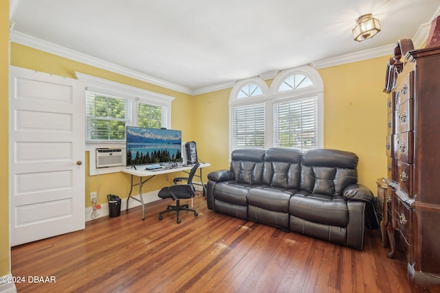 living room with ornamental molding and hardwood / wood-style floors