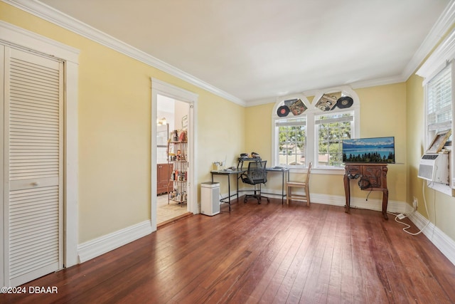 home office with dark wood-type flooring, cooling unit, and crown molding