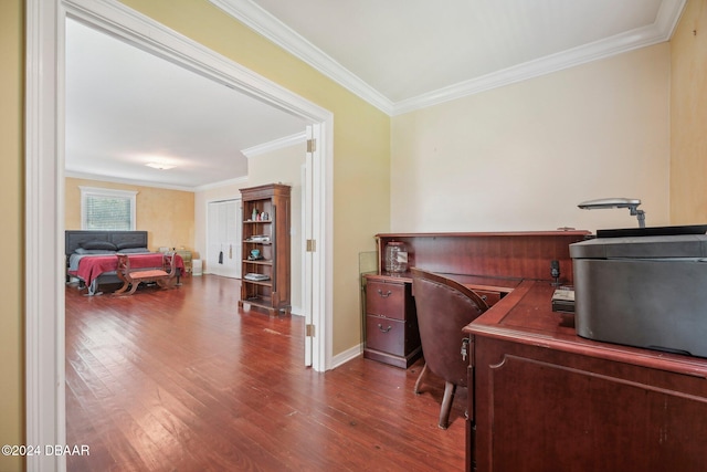 office space with dark wood-type flooring and crown molding