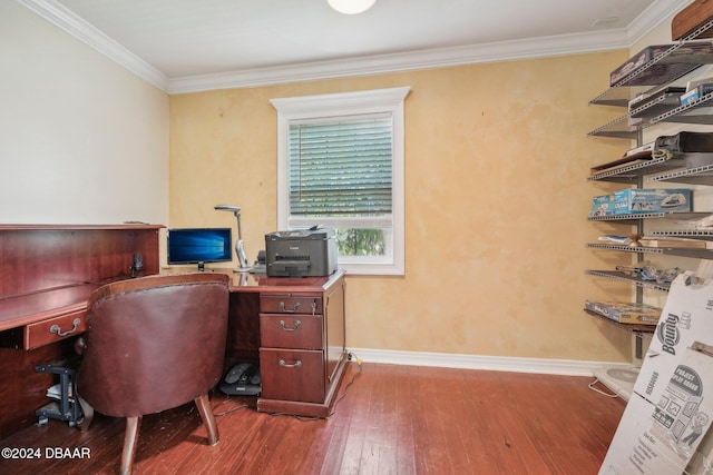 office space featuring hardwood / wood-style flooring and ornamental molding