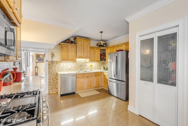 kitchen with stainless steel appliances, sink, crown molding, light brown cabinetry, and decorative light fixtures