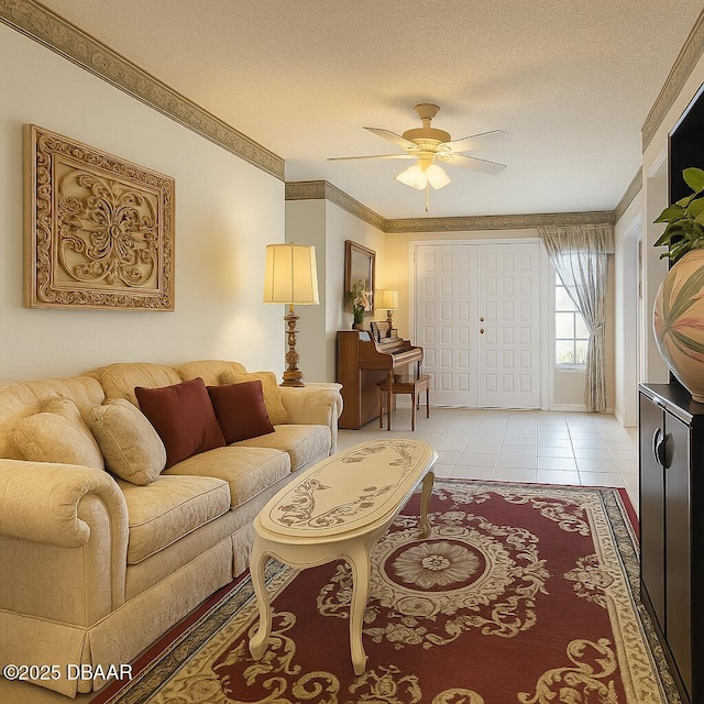 2944 Ocean Shore Blvd, Ormond Beach, FL 32176 - living area featuring ceiling fan, a textured ceiling, crown molding, and light tile patterned flooring