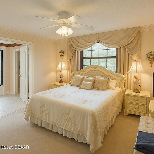 2944 Ocean Shore Blvd, Ormond Beach, FL 32176 - bedroom featuring light colored carpet, a ceiling fan, and ornamental molding