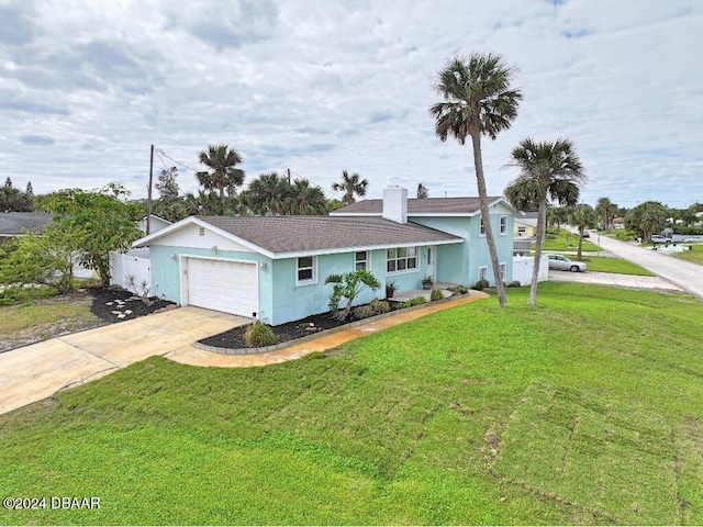 single story home with a garage and a front lawn