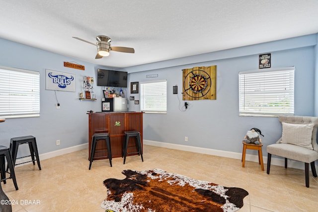 bar with a textured ceiling, ceiling fan, and a healthy amount of sunlight