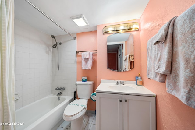 full bathroom with toilet, vanity, tile patterned floors, and shower / bathtub combination with curtain