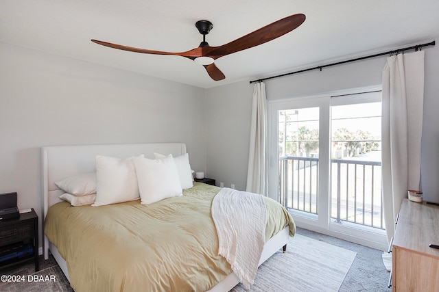 bedroom featuring access to exterior, carpet flooring, and ceiling fan