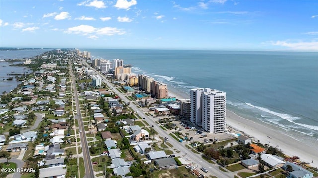 aerial view featuring a beach view and a water view