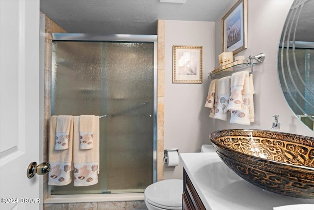 bathroom with toilet, vanity, and an enclosed shower