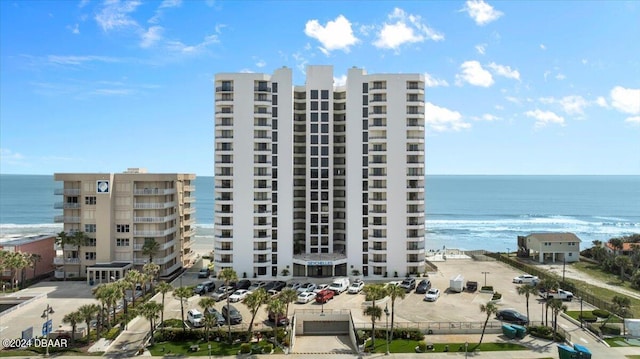 view of building exterior featuring a water view