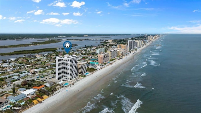 aerial view featuring a beach view and a water view