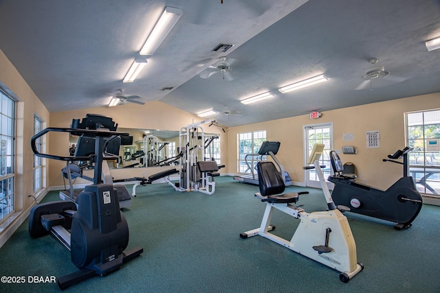 gym featuring ceiling fan and vaulted ceiling