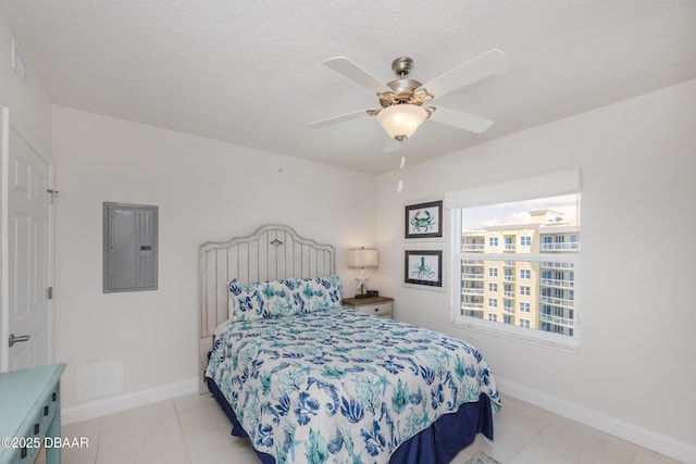 3721 S Atlantic Ave Unit 1101, Daytona Beach Shores, FL 32118 - bedroom with electric panel, tile patterned flooring, and a ceiling fan