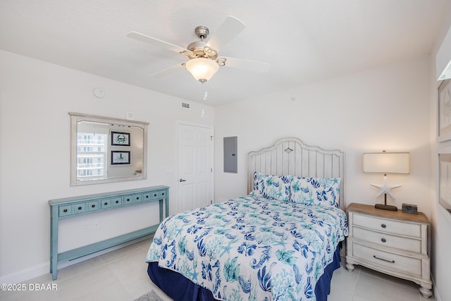 3721 S Atlantic Ave Unit 1101, Daytona Beach Shores, FL 32118 - bedroom with electric panel, light tile patterned floors, and a ceiling fan