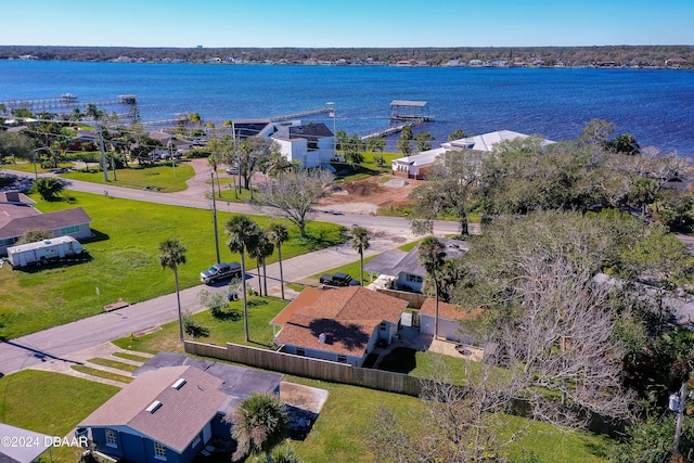 drone / aerial view with a water view