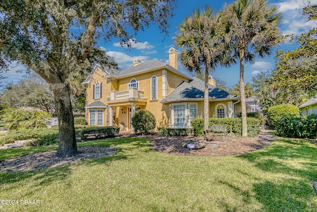 view of front of property with a front yard and a balcony