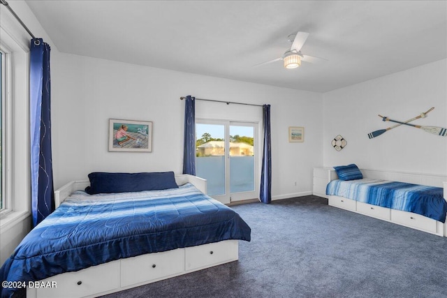 bedroom featuring carpet flooring, ceiling fan, and access to exterior