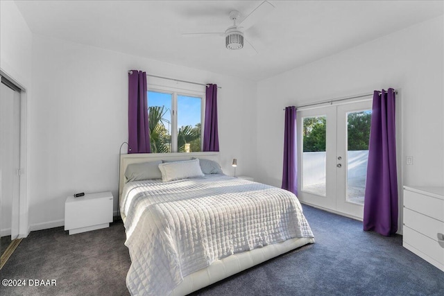 carpeted bedroom with french doors, access to outside, and ceiling fan