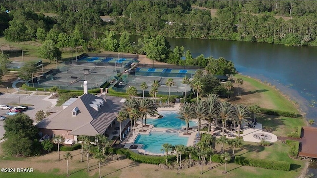 drone / aerial view with a water view