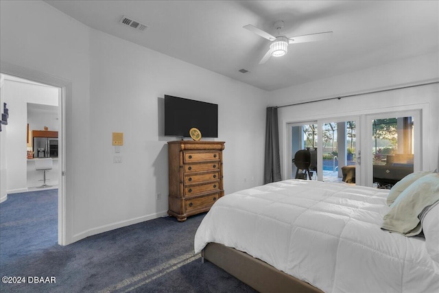 bedroom featuring access to exterior, ceiling fan, french doors, and dark carpet