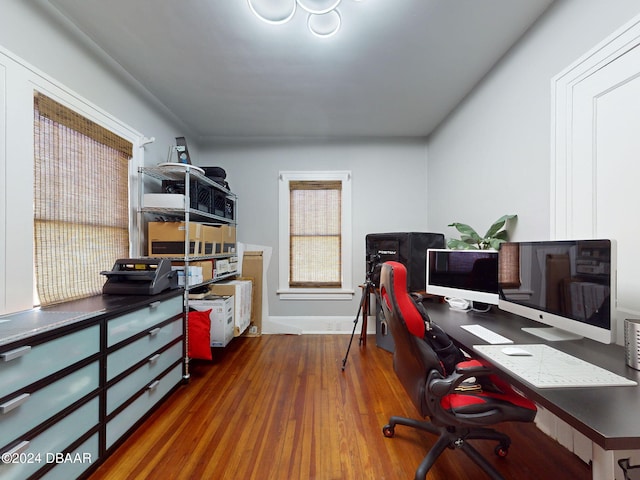 office space with dark hardwood / wood-style floors