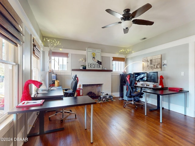 home office featuring ceiling fan, plenty of natural light, and wood-type flooring