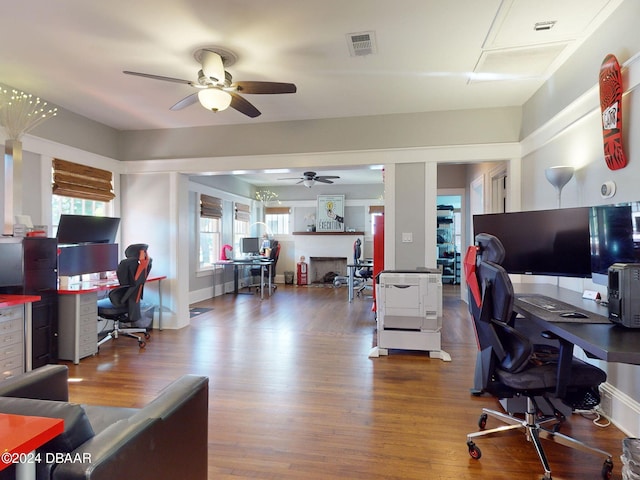 office space featuring hardwood / wood-style flooring and ceiling fan