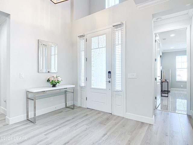 foyer with plenty of natural light, light hardwood / wood-style flooring, and crown molding