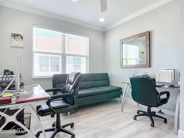 office area featuring ceiling fan, light hardwood / wood-style flooring, and ornamental molding