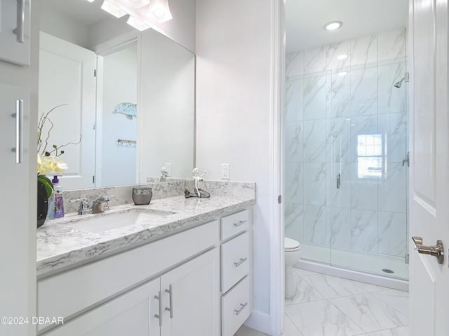 126 Island Breeze Ave, Daytona Beach, FL 32124 - bathroom featuring marble look tile flooring, vanity, toilet, a stall shower, and recessed lighting