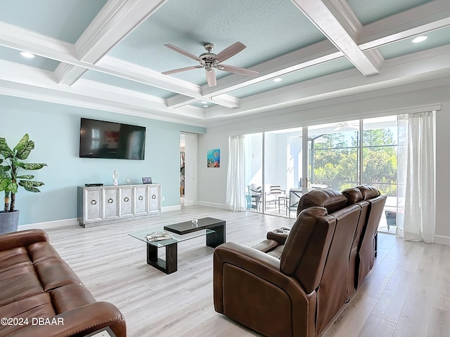 living room with light wood-type flooring, beamed ceiling, and coffered ceiling