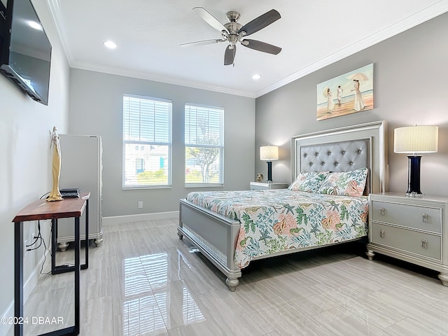 bedroom with ornamental molding and ceiling fan