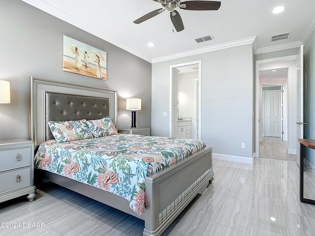 bedroom featuring ensuite bath, ceiling fan, and crown molding