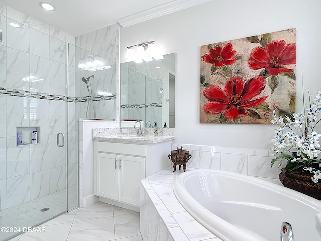 bathroom with vanity, crown molding, and plus walk in shower