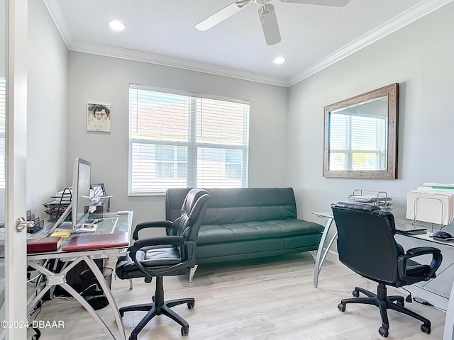 office featuring ceiling fan, a textured ceiling, light hardwood / wood-style flooring, and ornamental molding