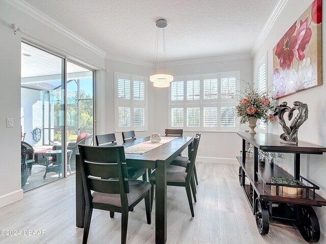 dining room with ornamental molding, light hardwood / wood-style floors, and a textured ceiling