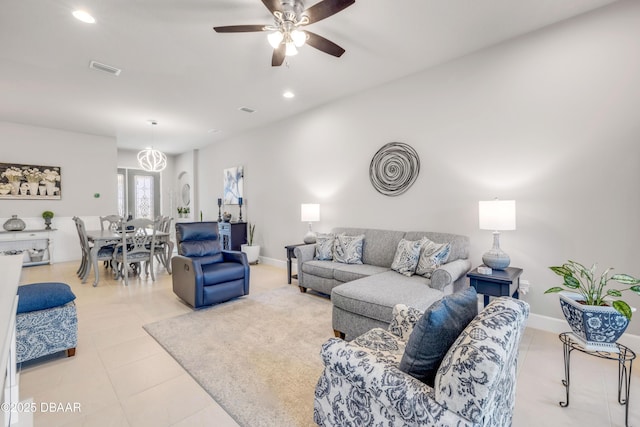 110 Longridge Ln, Ormond Beach, FL 32174 - living room featuring recessed lighting, ceiling fan, baseboards, and light tile patterned floors