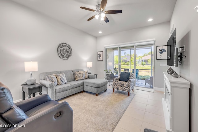 110 Longridge Ln, Ormond Beach, FL 32174 - living room featuring ceiling fan, light tile patterned floors, recessed lighting, and baseboards