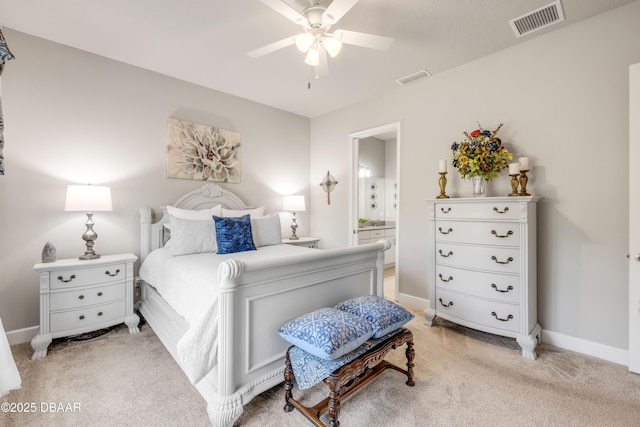 110 Longridge Ln, Ormond Beach, FL 32174 - bedroom with light colored carpet, baseboards, ensuite bathroom, and ceiling fan