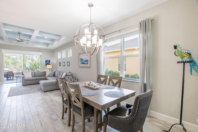 dining room featuring beamed ceiling, a healthy amount of sunlight, coffered ceiling, and light wood-type flooring