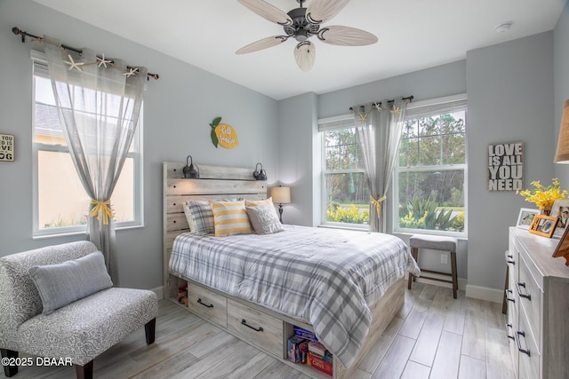 bedroom featuring ceiling fan and light hardwood / wood-style flooring