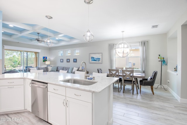 kitchen featuring coffered ceiling, sink, white cabinetry, stainless steel dishwasher, and beam ceiling