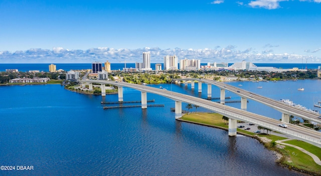 drone / aerial view with a water view