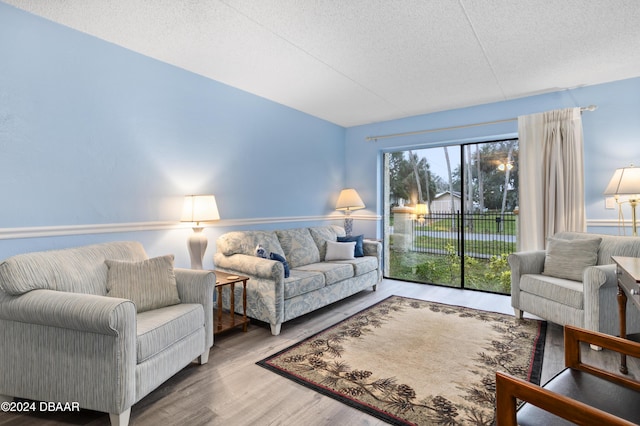 living room with hardwood / wood-style floors, plenty of natural light, and a textured ceiling