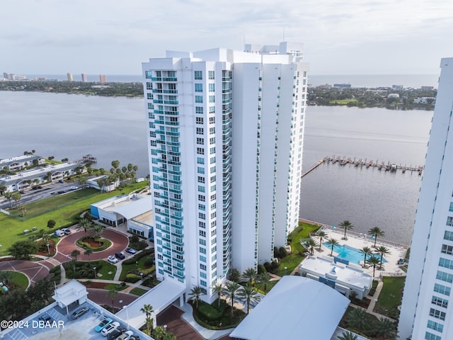 drone / aerial view with a water view