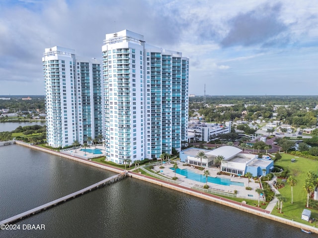 241 Riverside Dr Unit 2007, Holly Hill, FL 32117 - bird's eye view of a pool area and a large body of water