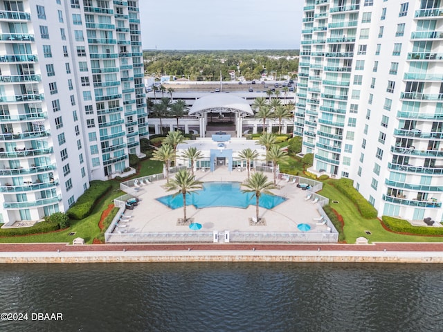 drone / aerial view with a water view