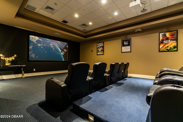 carpeted cinema room with a raised ceiling