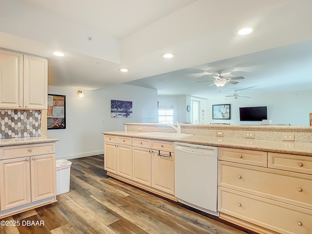 3145 S Atlantic Ave Unit 405, Daytona Beach, FL 32118 - kitchen with white dishwasher, a sink, recessed lighting, ceiling fan, and wood finished floors